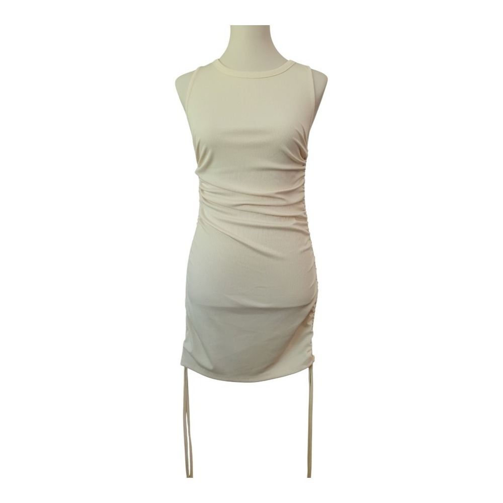 💕BTFBM Ribbed Bodycon Dress Casual Stretch Sleeveless Ruched Size S Cream